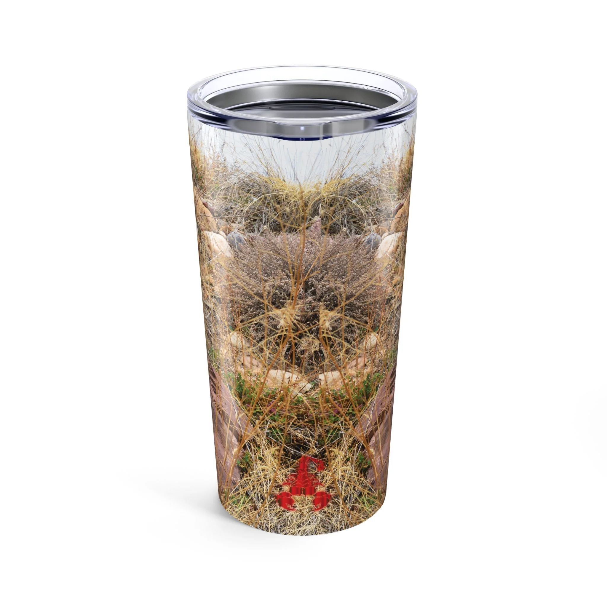 20oz insulated tumbler wrapped in mirrored photograph of red Colorado rock and dry winter grass — nature-inspired design by The Abyss Collection