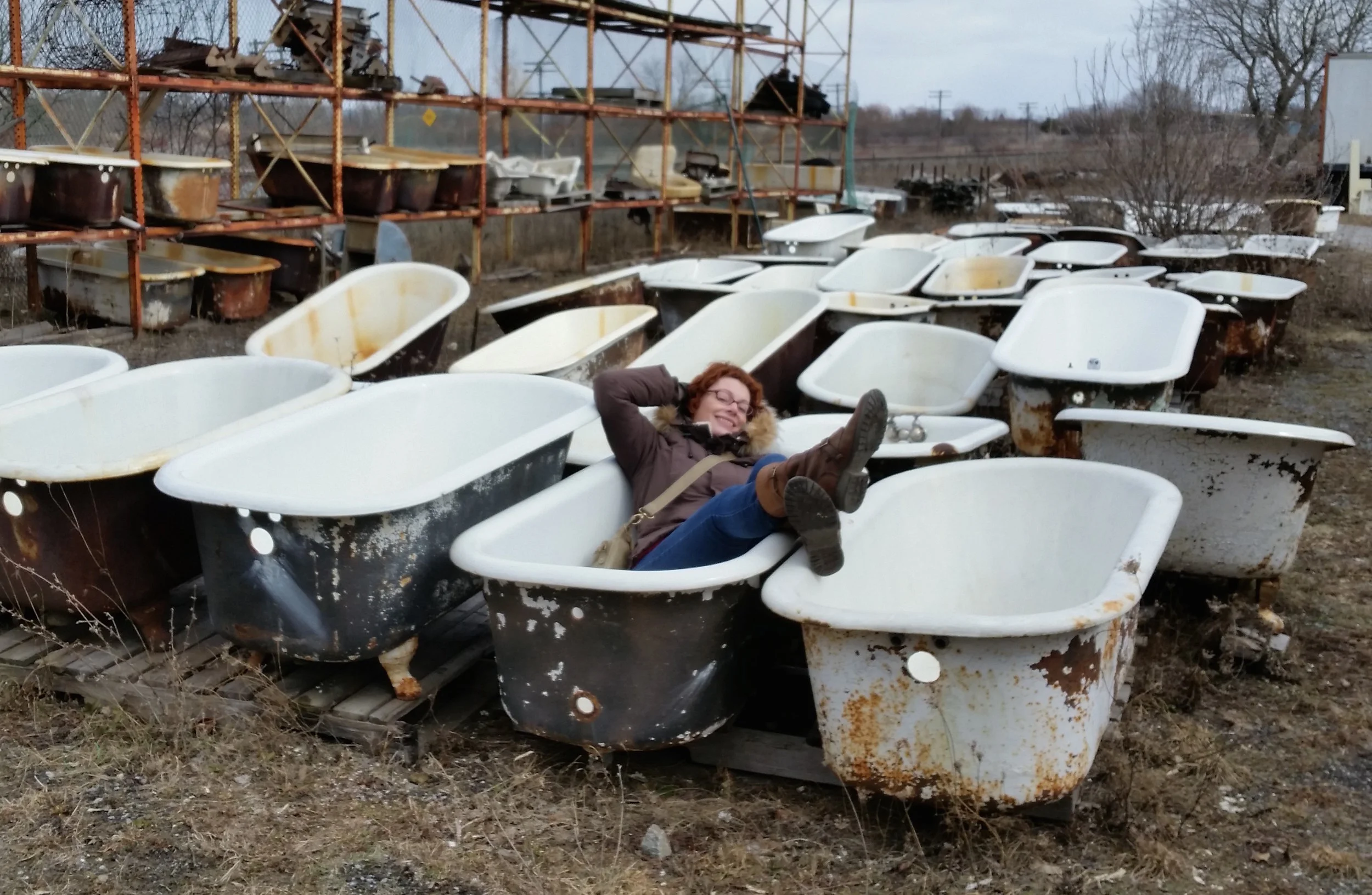 Sarah trying out the cast iron bath tubs. This one felt a little small.