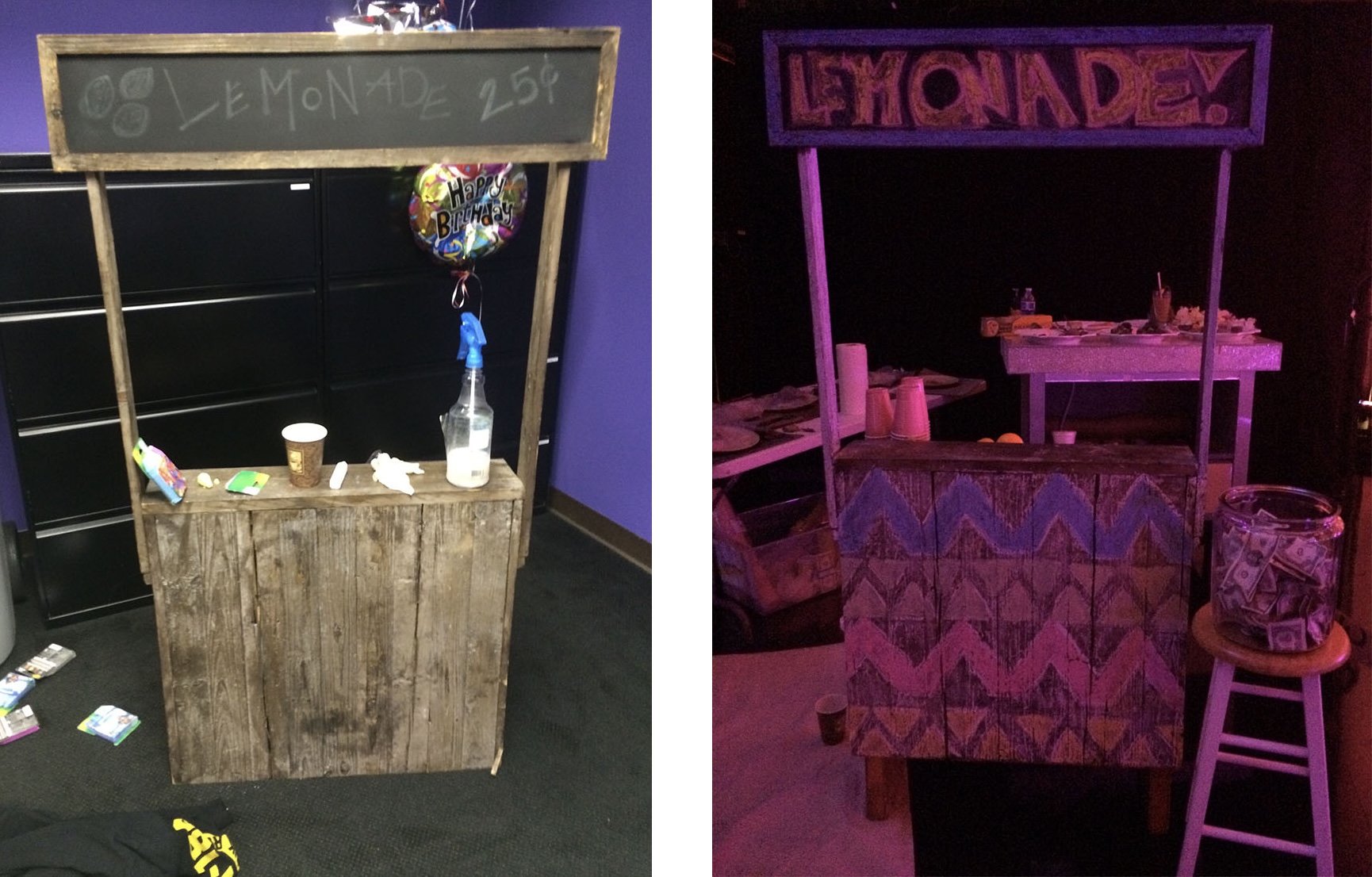 This was my very first project helping the art department. The wooden lemonade stand was rented from the WB prop house and I was asked to dress it up with chalk. I wish I took better photos of this!