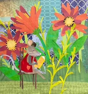 Mouse Reading in the Garden cut paper 12x12