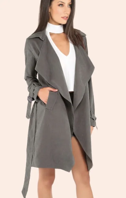 Find this Suede Grey Belted Trench Coat here .