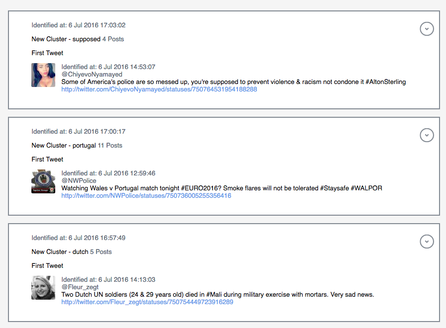 A prototype for Sonr's NLP-based clustering algorithm to surface keyword/phrase trends on social media.