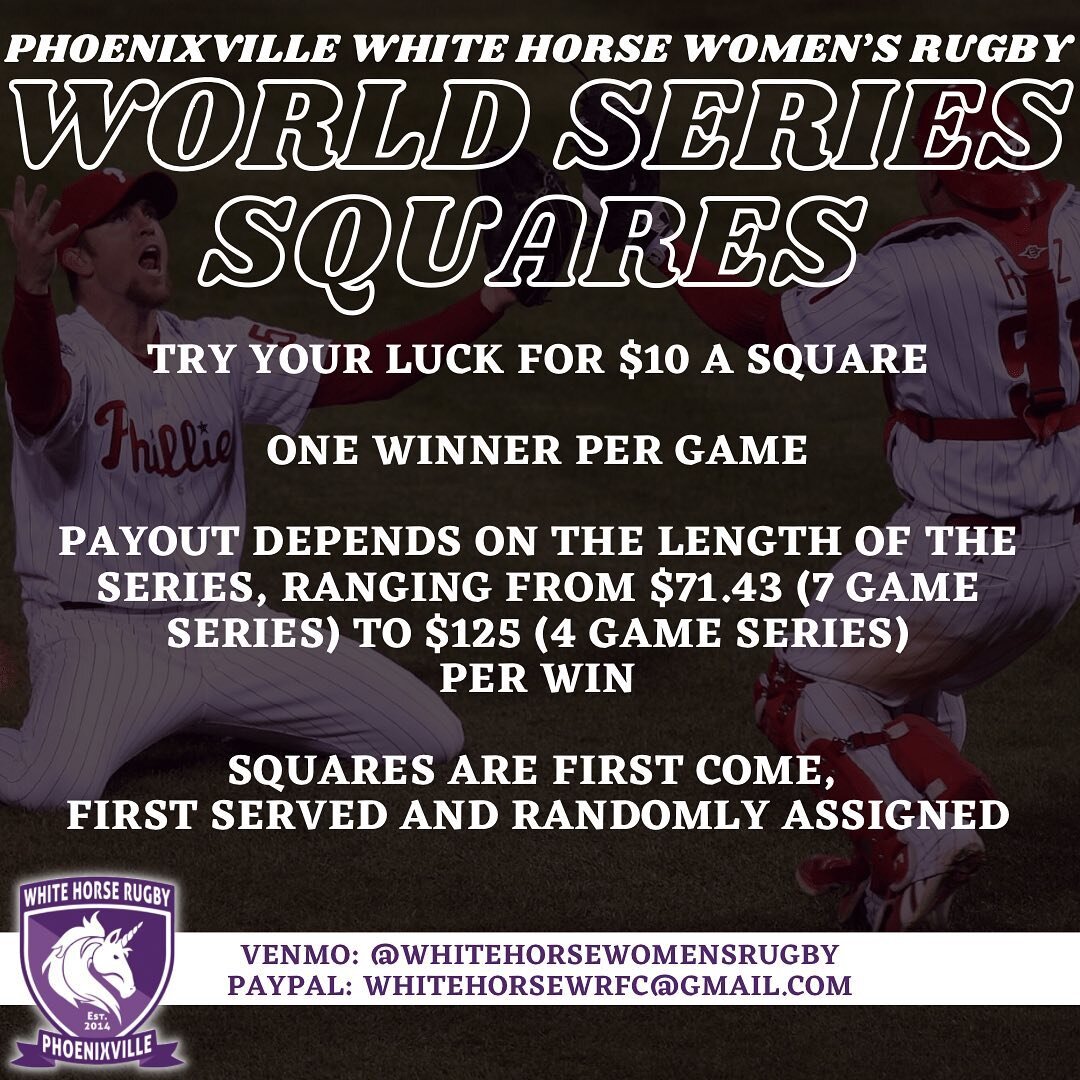 TRY YOUR LUCK FOR $10 A SQUARE! Squares will be randomly assigned, and the final sheet will be sent out before game 1. If your square aligns with the digits of the final score, you win! Payout depends on the length of the world series. Please reach o