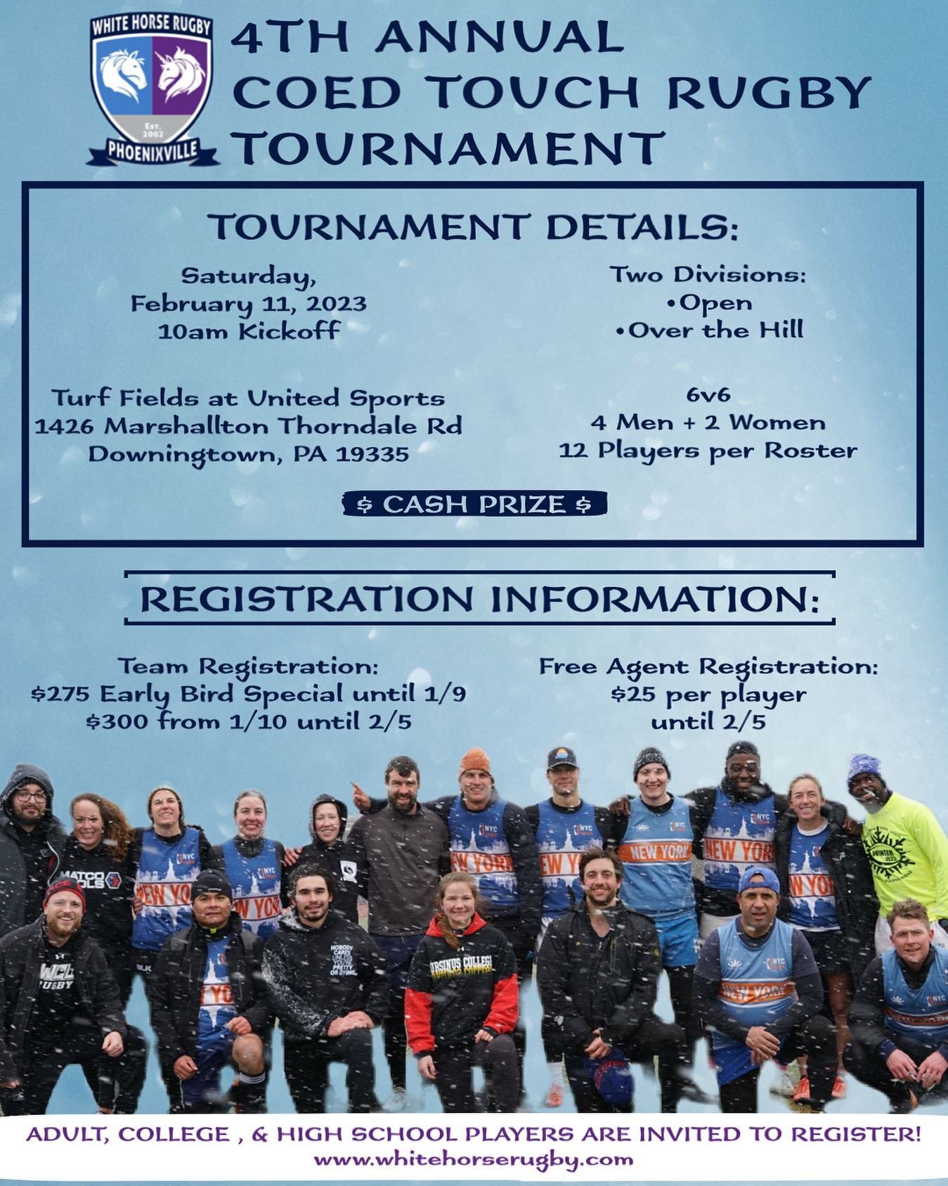 Our Annual Coed Touch Rugby Tournament returns on February 11, 2023. This year the event will be held on the turf fields at United Sports in Downingtown, PA. The early bird team registration special of $275 is good until January 9th. Then the team co