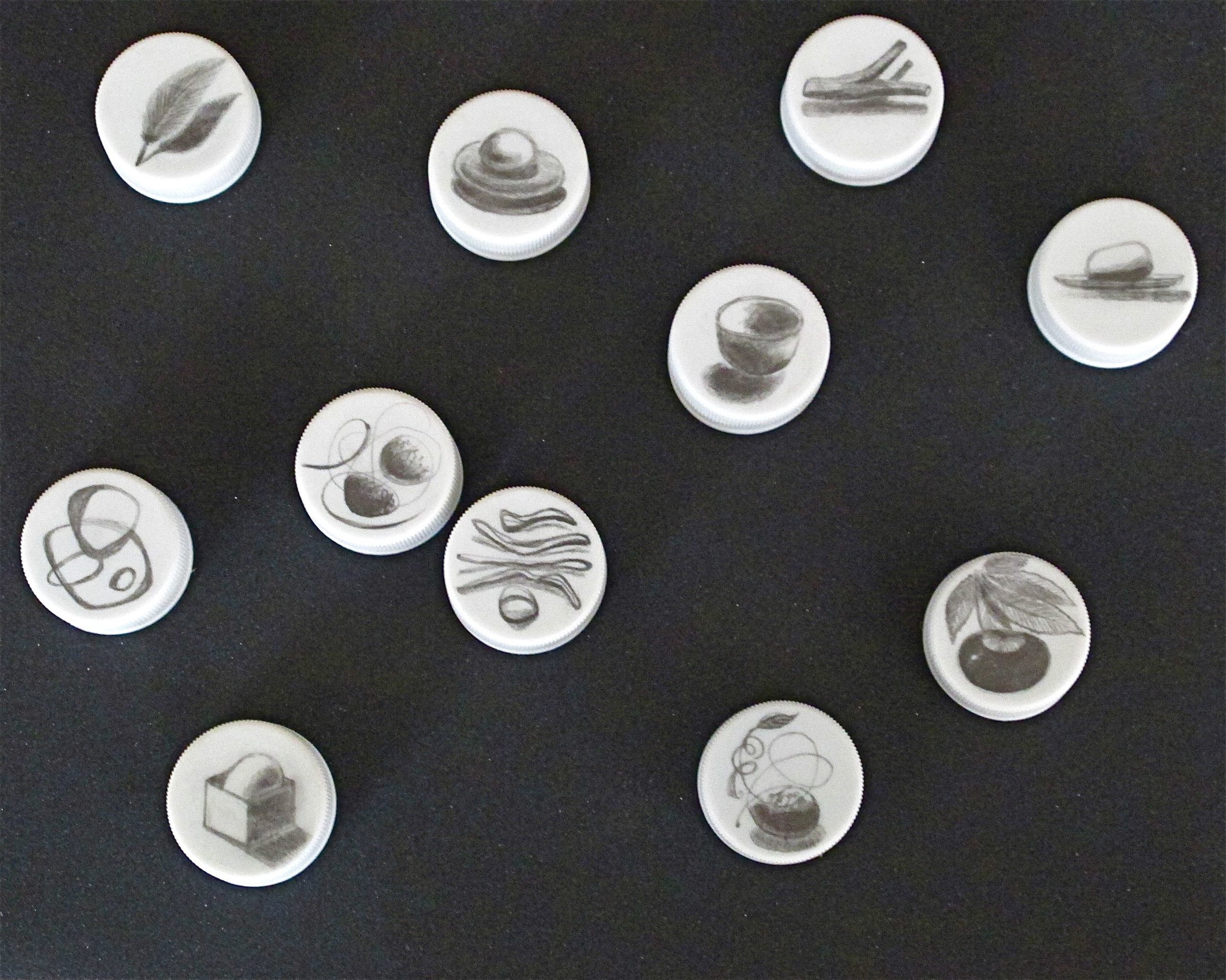    Commonalities, (Right)  , 2010 Graphite on Bottle Caps 11” x 9” shadow box 
