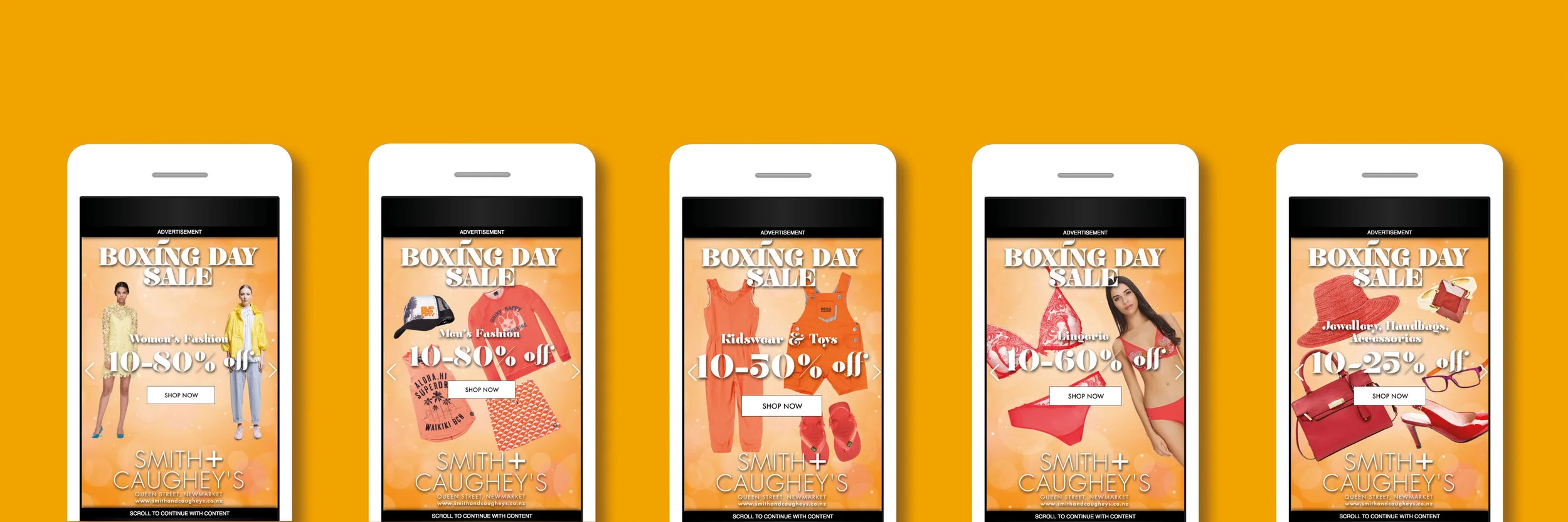 Screens automatically slide sideways, each screen clicks through to corresponding landing page on www.smithandcaugheys.co.nz.