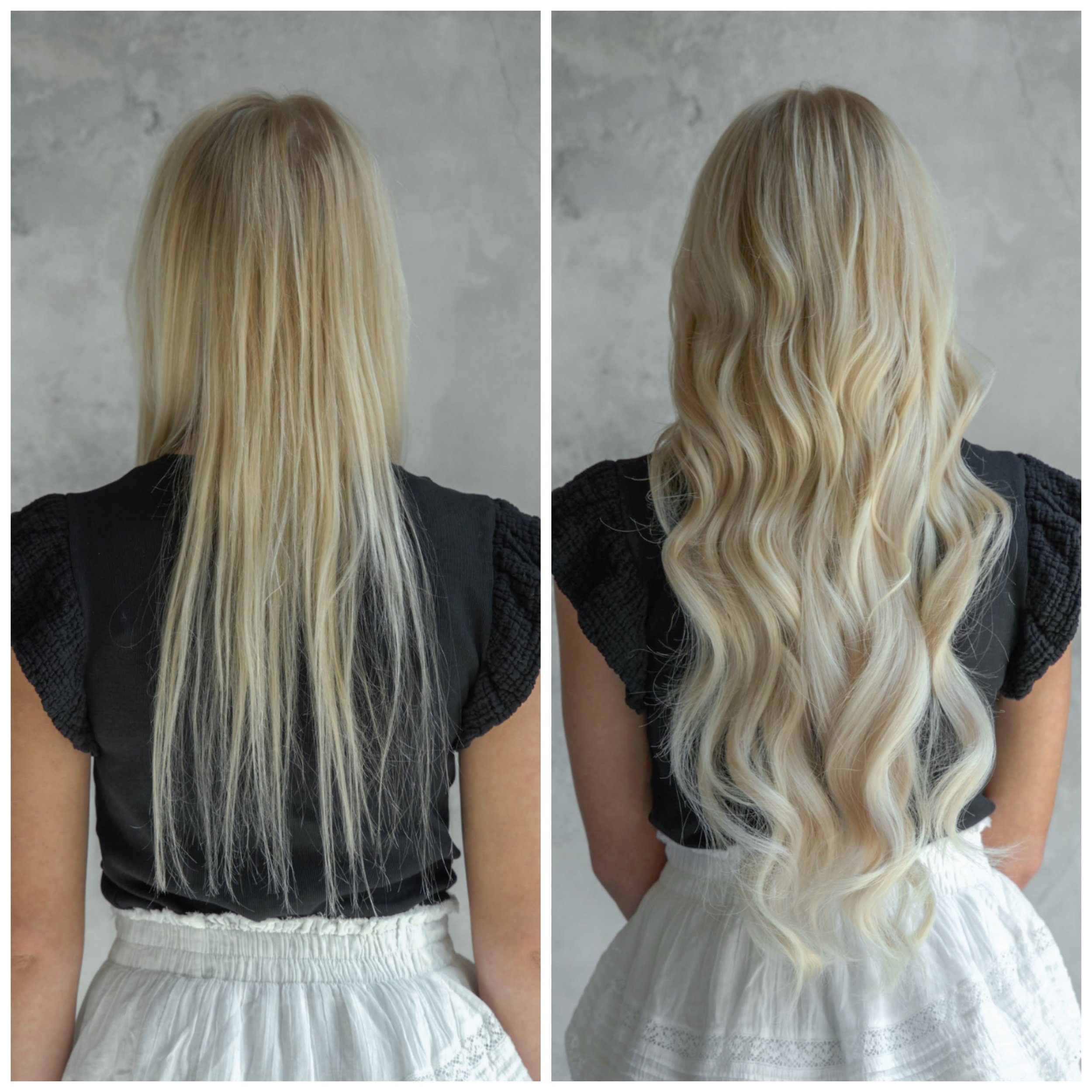 Side-by-side comparison of a woman's long blonde hair before and after extension service.