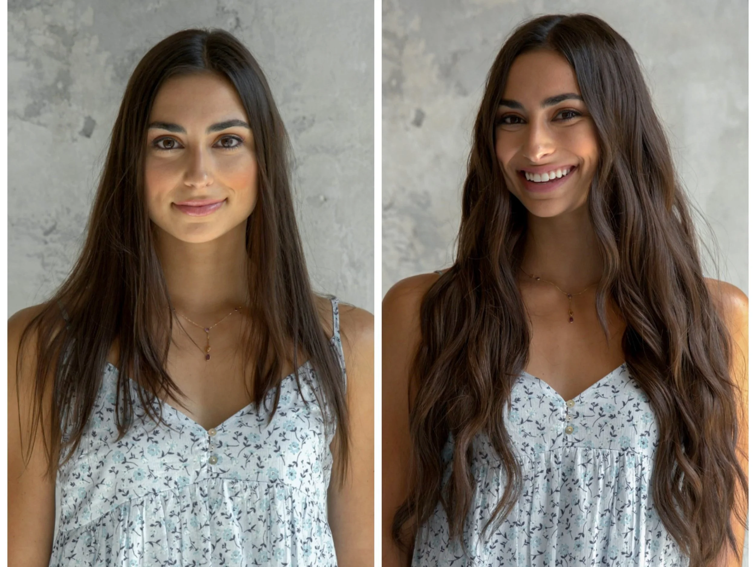 Side-by-side images of a young woman with long, wavy brown hair before and after extension service.