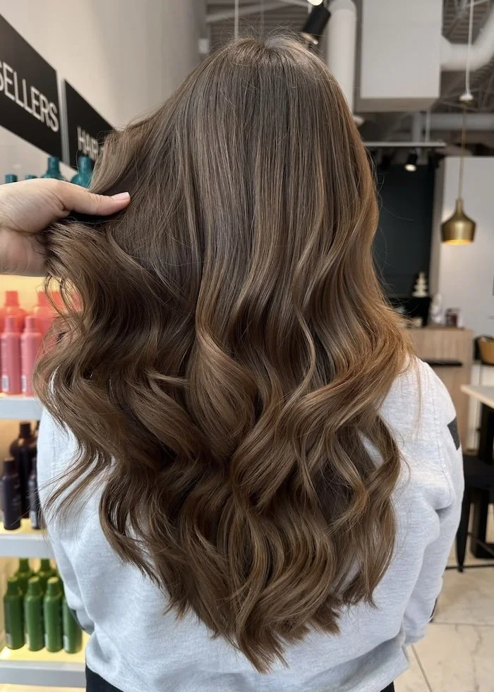 Person with long, wavy, light brown hair in a salon.