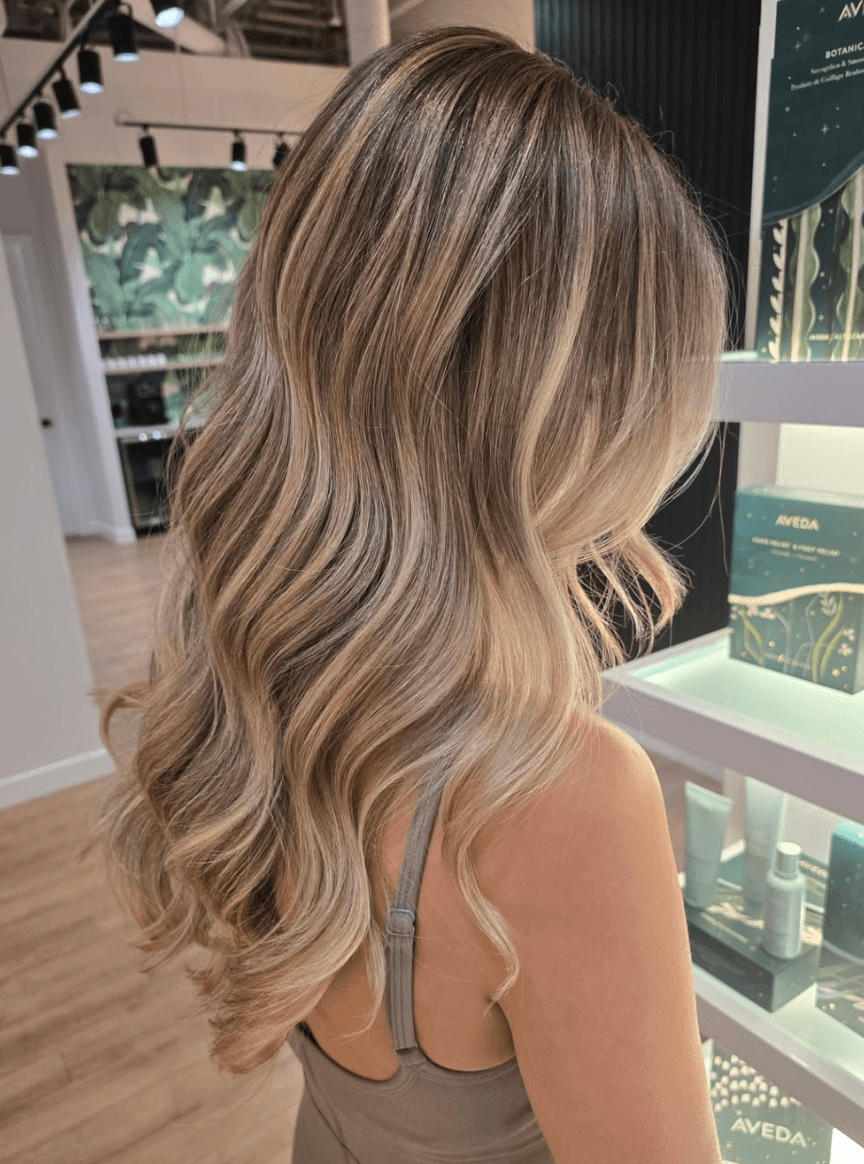 A woman with long, wavy blonde hair in a salon or store, facing a display shelf with hair products.