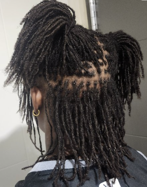 Back of a woman's head showing a hairstyle with two sections of locs on top and loose dreadlocks hanging down.