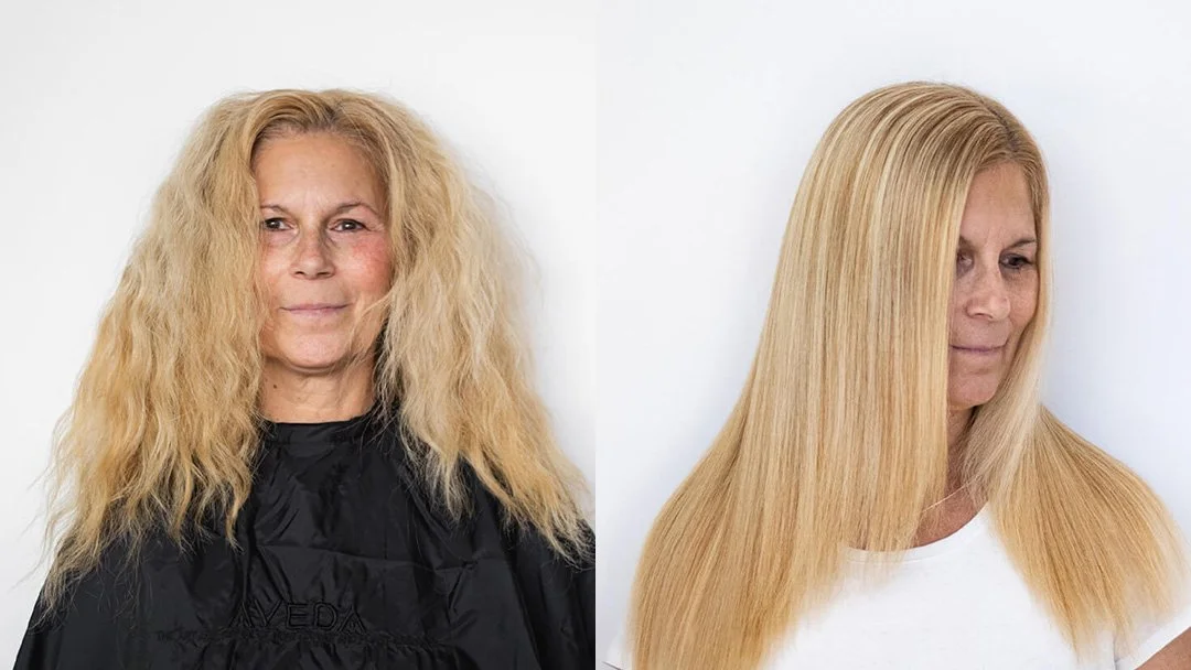 Before and after images of a woman with long, blonde hair, showing a significant transformation from curly, frizzy hair to straight, sleek hair.