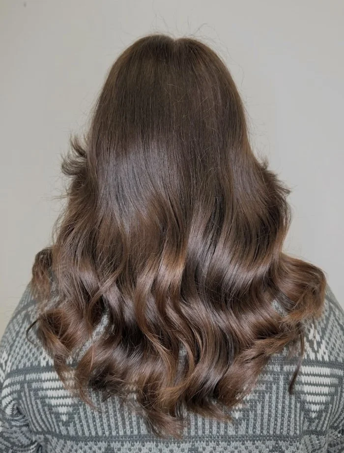 Back view of a person with long, wavy, brown hair wearing a gray patterned sweater.
