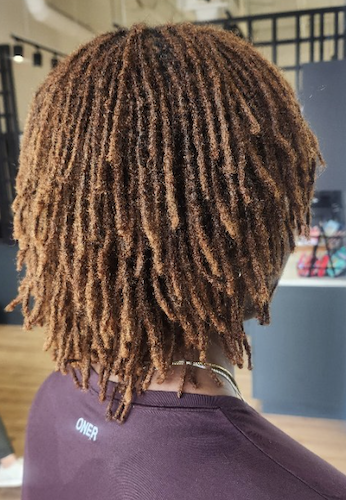Back of a person with styled dreadlocks wearing a purple shirt.