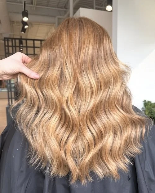Back view of a woman with long, wavy, reddish-blonde hair in a salon setting.
