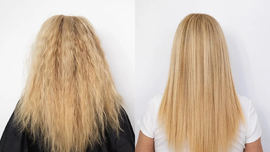 Side-by-side comparison of a woman's hair before and after styling, showing curly, frizzy hair on the left and smooth, straight hair on the right.