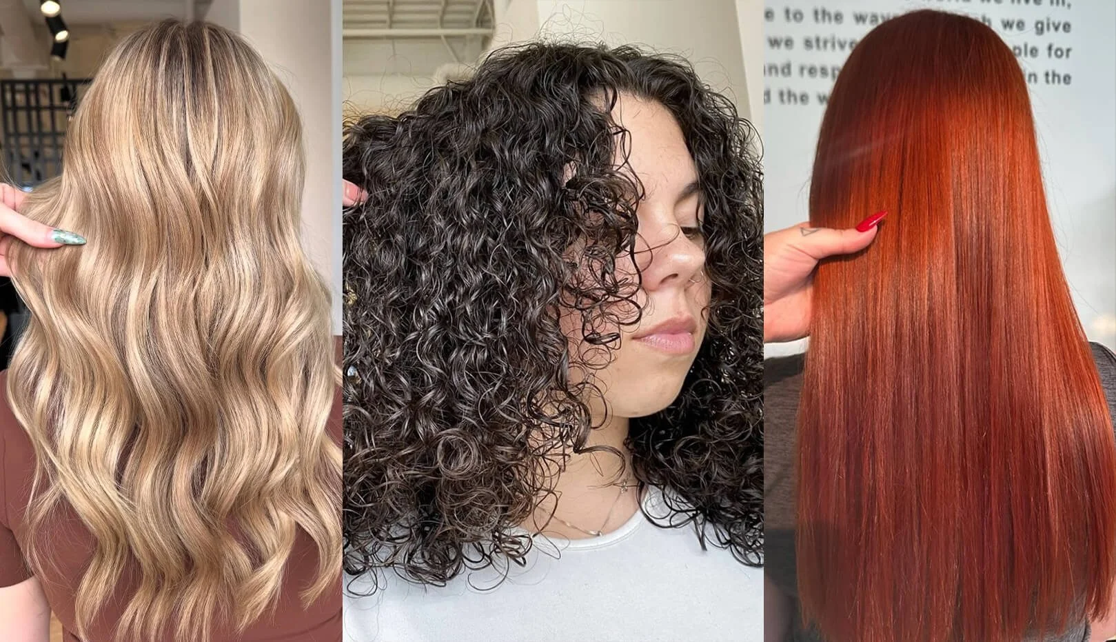 Three different hairstyles showcasing customized colour, cutting, and styling results