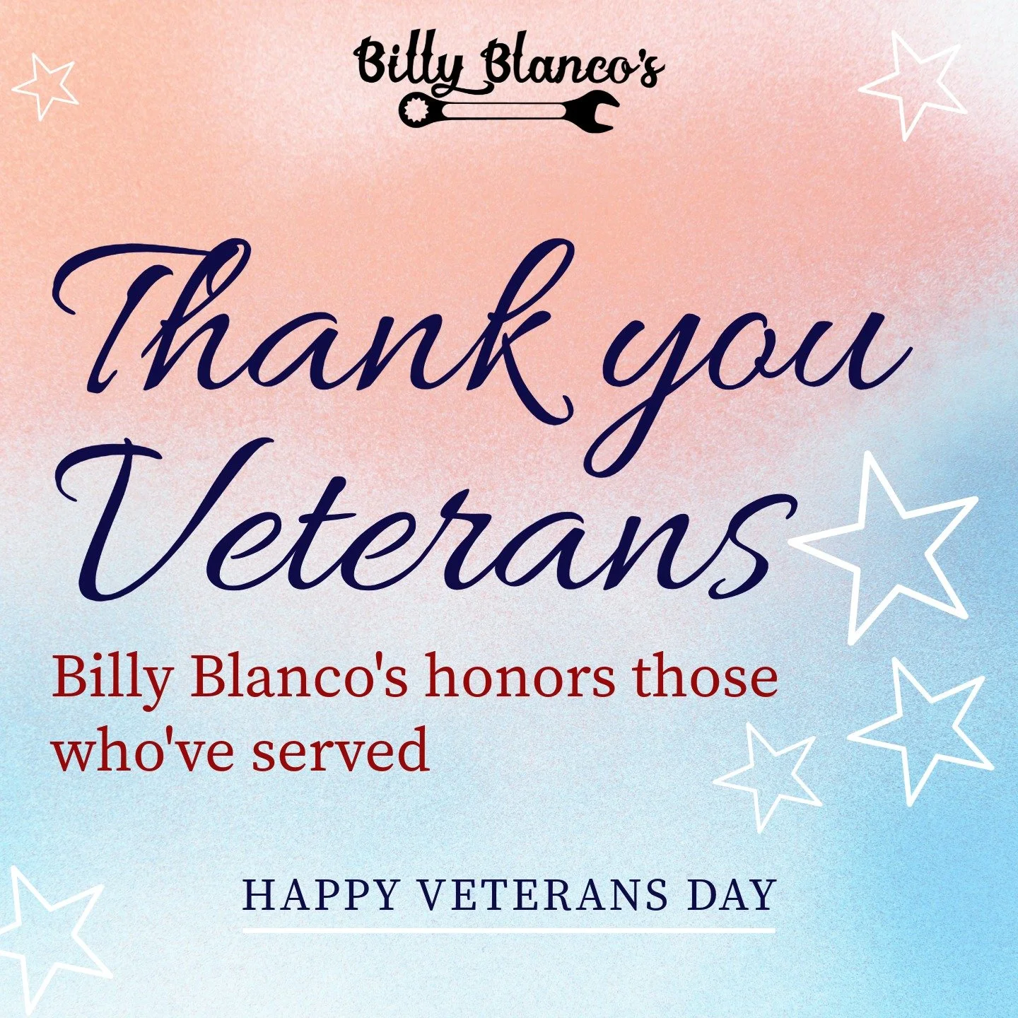 Veterans, thank you for your service! We look forward to serving you soon at Blanco's.