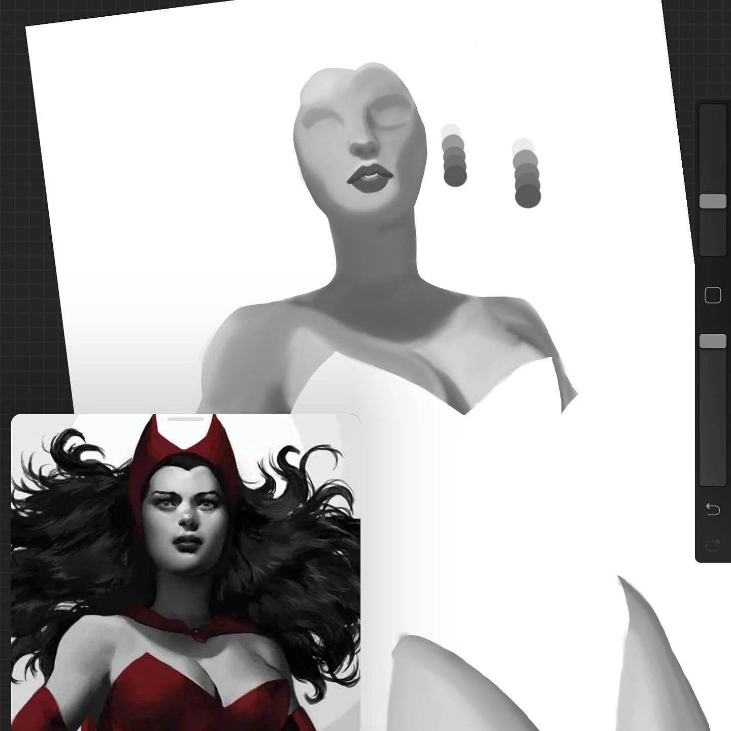 WIP. Working on blending, why not Scarlet Witch. Super ready for WandaVision! #art #wip #wandamaximoff #scarletwitch #comicbook #procreate