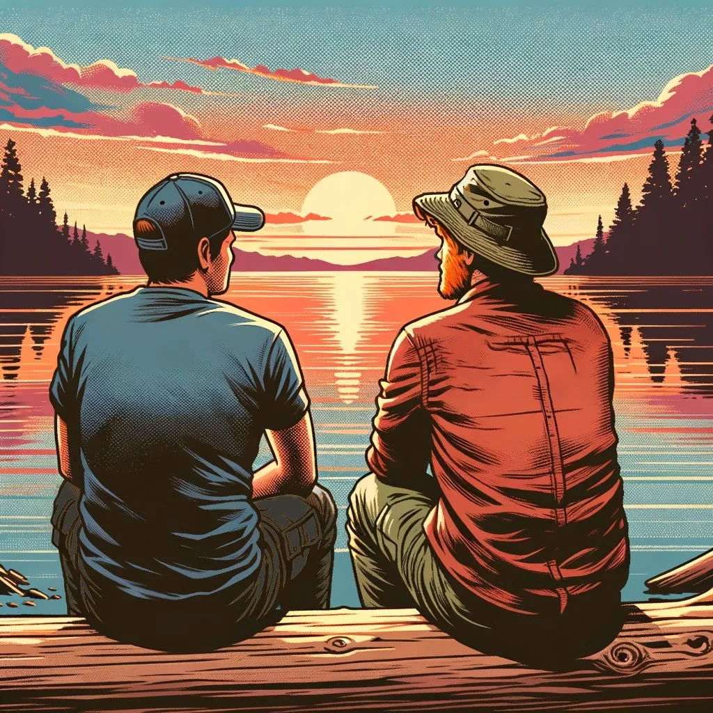 DALL·E-2024-03-02-17.50.38---In-a-graphic-novel-style,-illustrate-two-men-sitting-2-feet-apart-on-opposite-ends-of-a-log-on-the-shore-of-a-lake,-watching-a-sunset.jpg