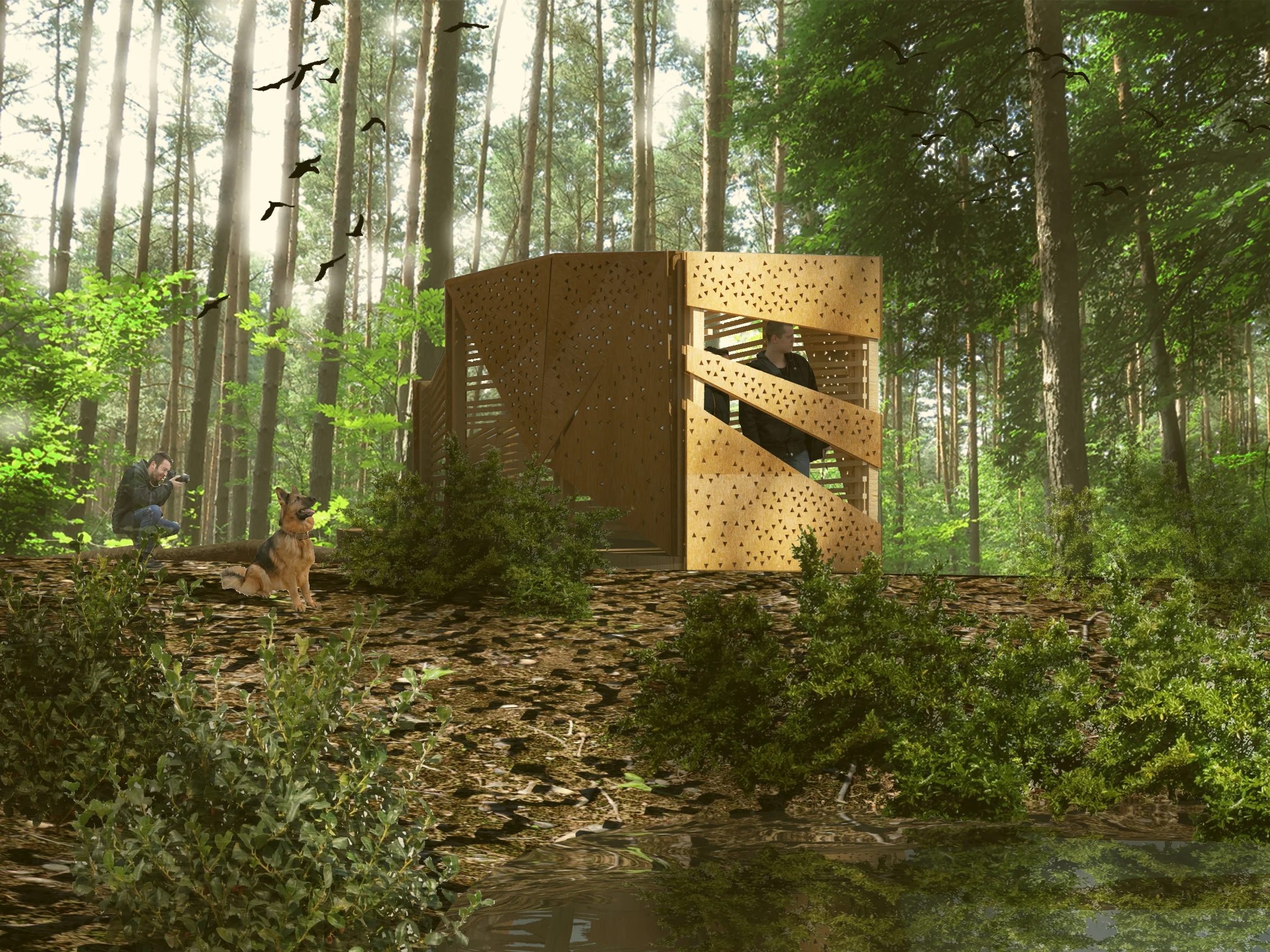 Exterior perspective looking from pond