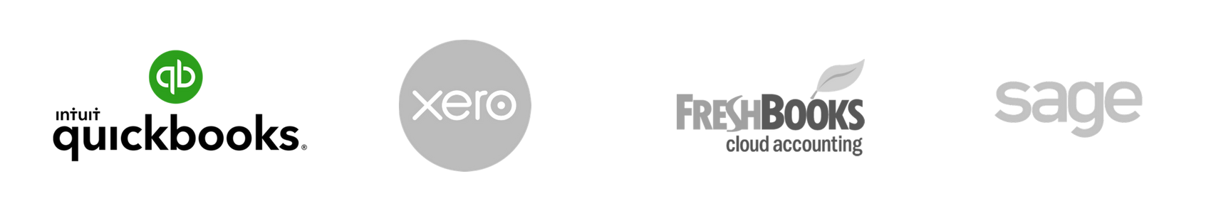 quickbooks logo, Xero logo, FreshBooks logo, and Sage logo