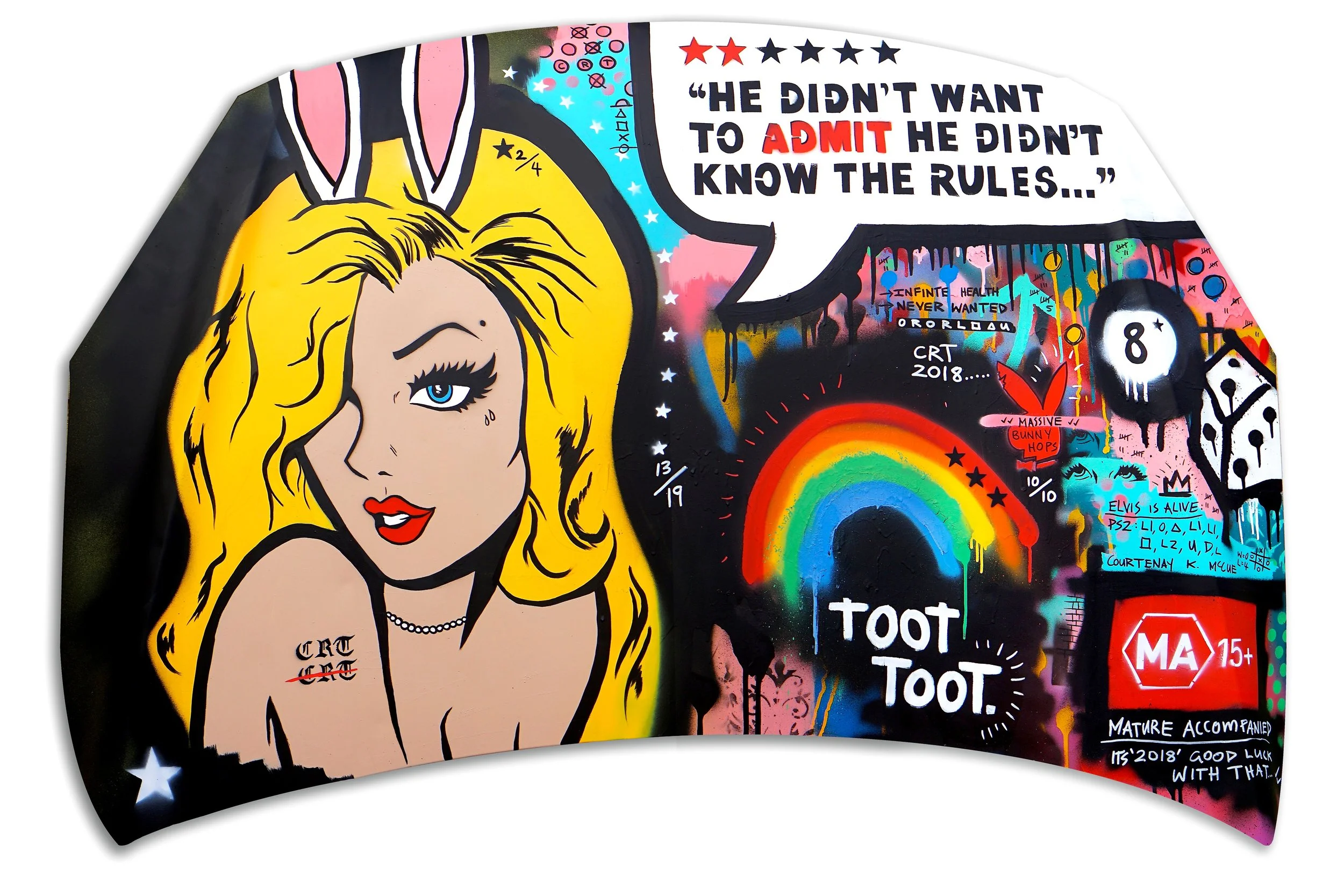 Toot Toot ’Crack Rock n’ Death Toll’ 110cm x 155cm Spray Paint and Acrylic on Car Bonnet/Hood 2018 Contact
