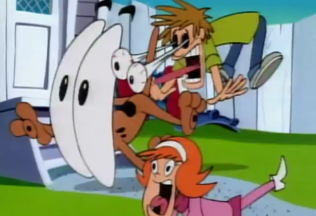  Daphne: "Look how wide I can open my eyes!"  Shaggy: "That's nothing- check this!"  Scooby: "Rold my rornea." 