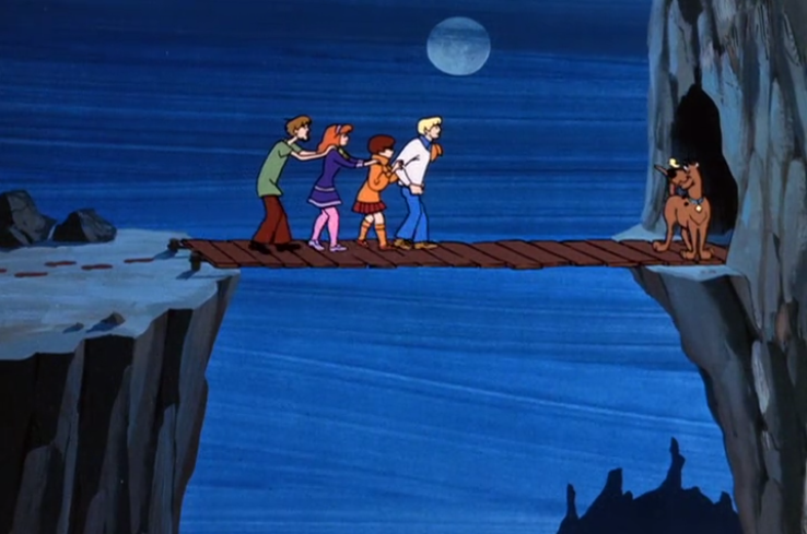  The gang very carefully makes their way across the bridge, so as to ensure the absolute safety of their superior human lives. 