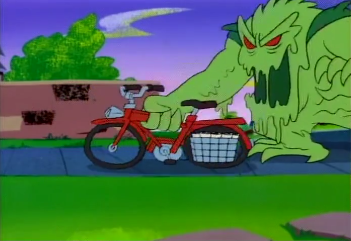  It later turned out that the monster had only stolen Shaggy's bicycle for the purposes of  wicked  2-second wheelies and  sick  pothole jumps. 