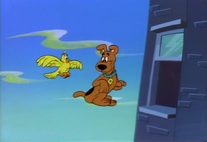  The bird gently but firmly reminded Scooby of his duty to eventually obey the laws of physics. 