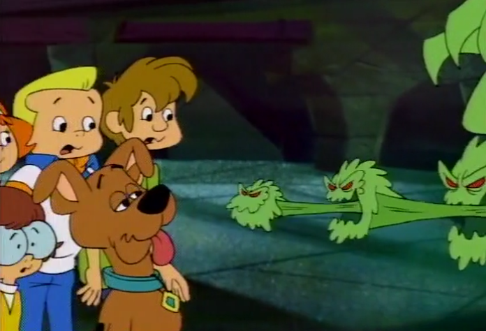  Possessing more classical tastes, Scooby is unimpressed with the monster's new-fangled fractal tongue.&nbsp; 