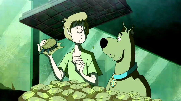  Scooby and Shaggy briefly contemplate whether to chow down on the ancient, rotting gatorburgers or to simply swallow them whole without chewing. 
