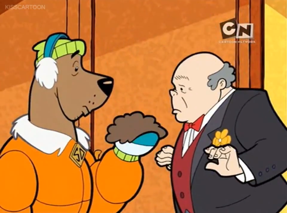  Scooby prepares to explain that an ideal toupee will match the rest of it's wearer's hair. 