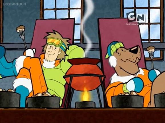  Scoob and Shagster kick back with a cauldron full of fondue. It's the first time they've had fondue in the episode. So why (you ask) is the episode titled  MORE Fondue for Scooby-Doo ?  Good question, reader/listener. For the answer, tune into all s