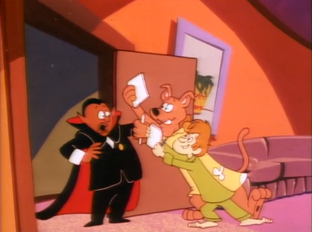  Scooby and Shaggy realize that a vampire can be staked through the heart by  anything , writing implements included. 