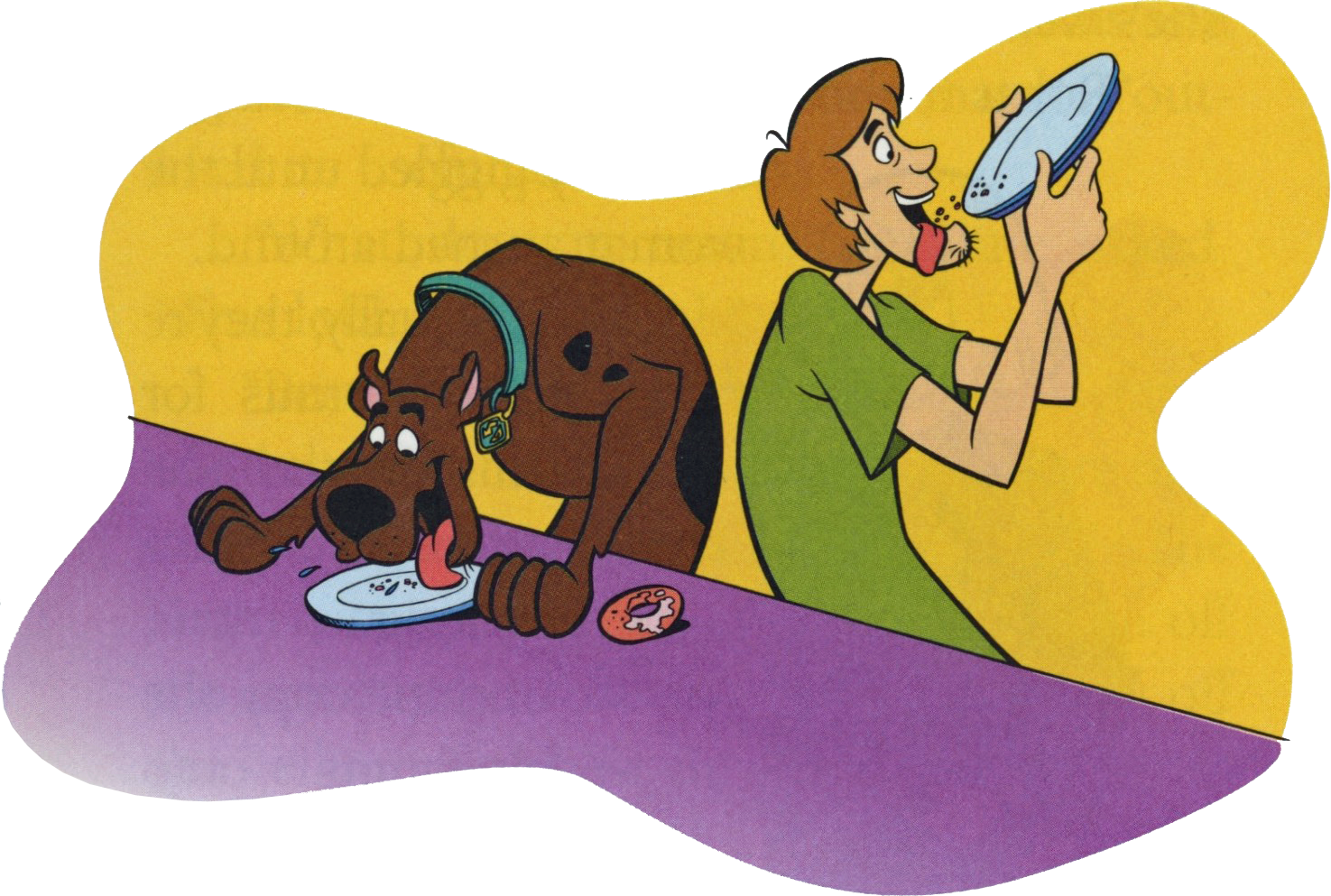  Although the food disappeared before they could eat it, Shaggy and Scooby enjoy the crumbs and savor the chase.&nbsp; 