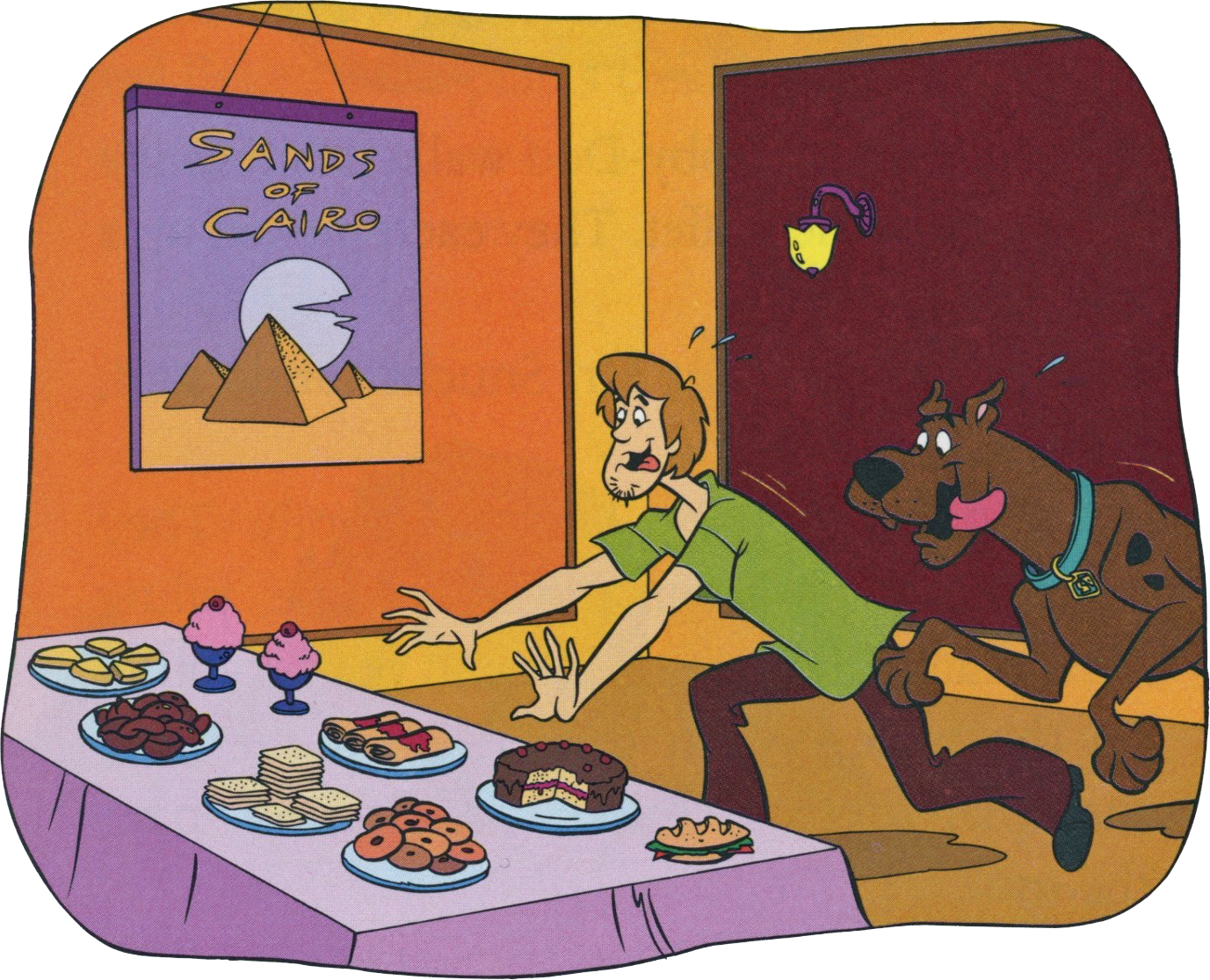  Shaggy and Scooby approach a table of  disappearing food . 
