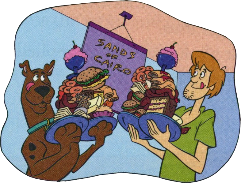  Shaggy and Scooby hungrily eye their plates of  disappearing food . 