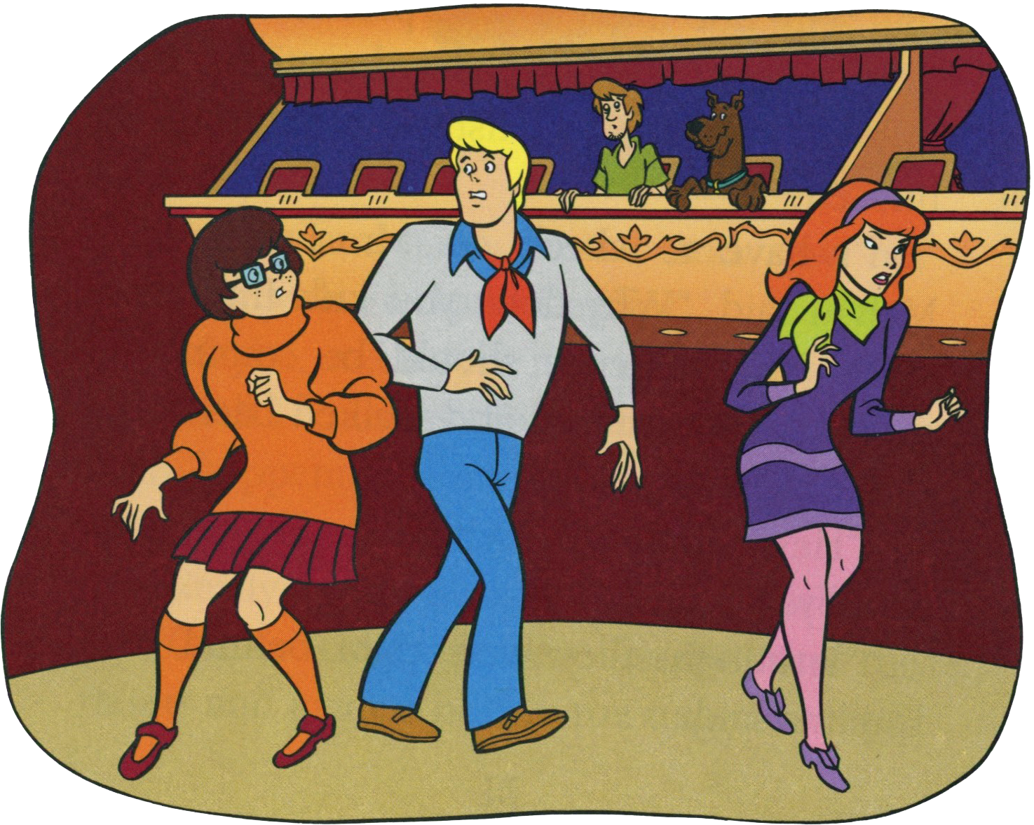  Velma, Fred, and Daphne search high and low for Shaggy's hands and Scooby's paws. 