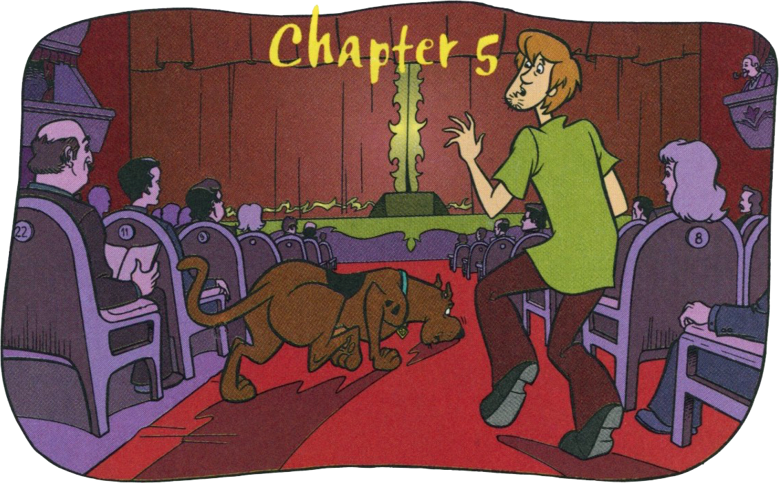  Shaggy sneaks as Scooby investigates a urine stain. 