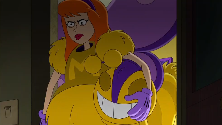  Daphne looks like she’s gearing up to deal out a serious (m) ass (cot) -kicking !  Also, how did this episode not have a mascot/ascot joke for Fred?   Was it because it’s very hard to think of a mascot/ascot joke?  That’s fair. 