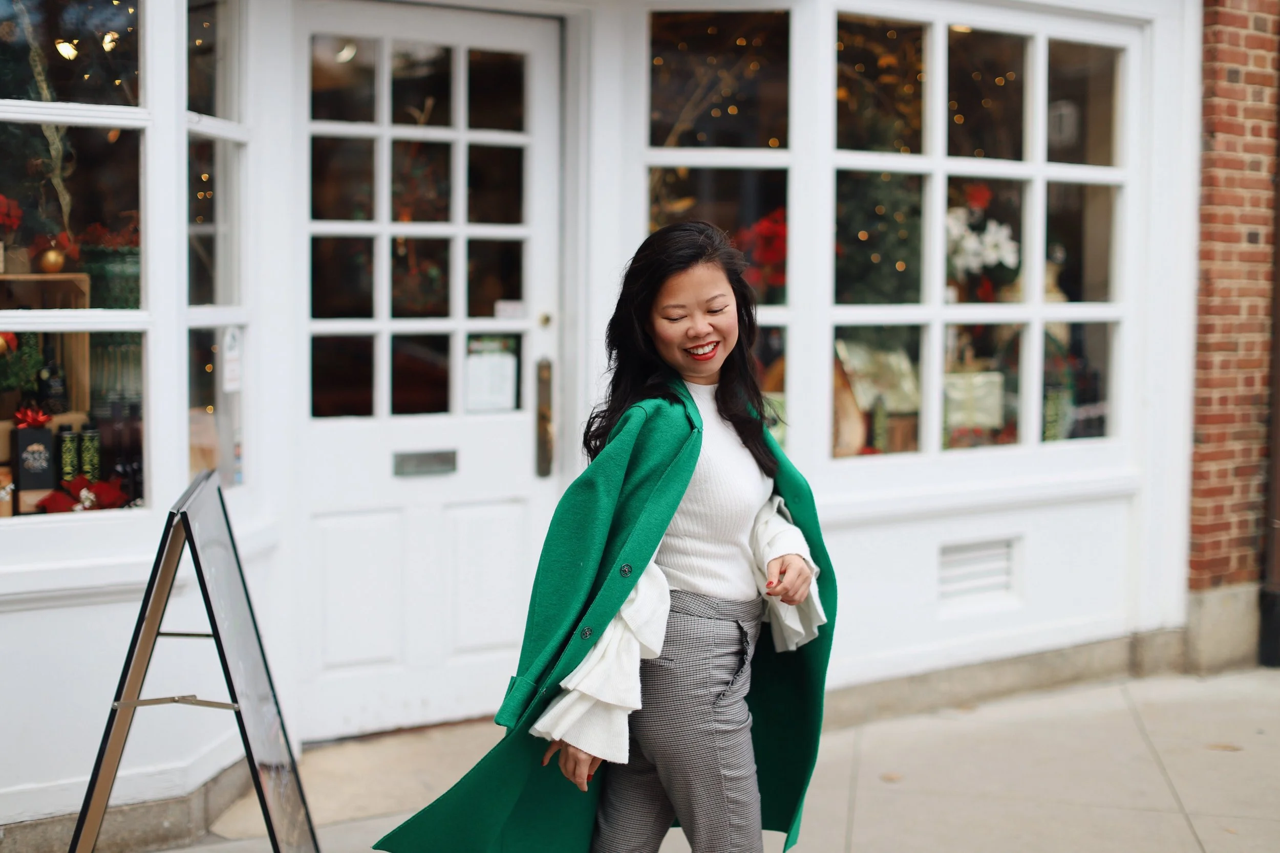 Wearing green wool coat from Nordstrom Rack (old), Forever21 top (old), Zara check pants , and Zara white booties (old)