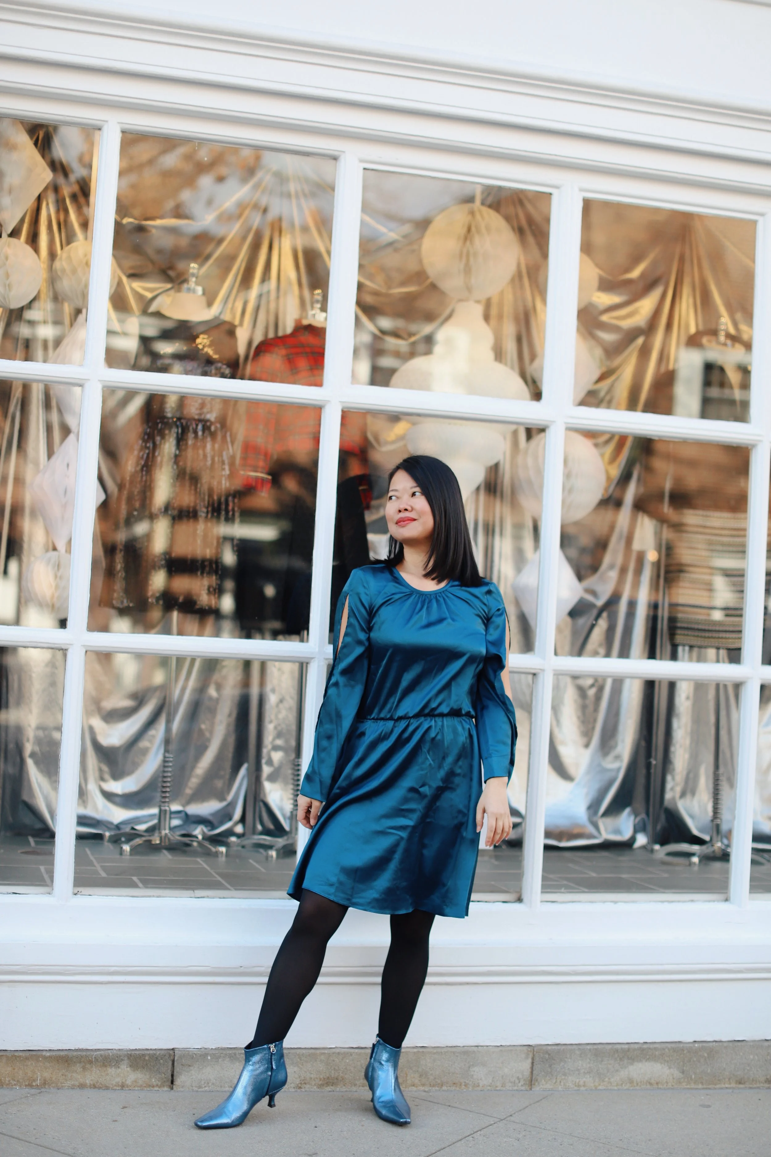 Wearing Rachel Roy dress from T.J.Maxx , Zara metallic booties (old, similar here ), Rachel Zoe tuxedo jacket from Macy’s (similar here ), DVF wool coat from Nordstrom Rack (old)