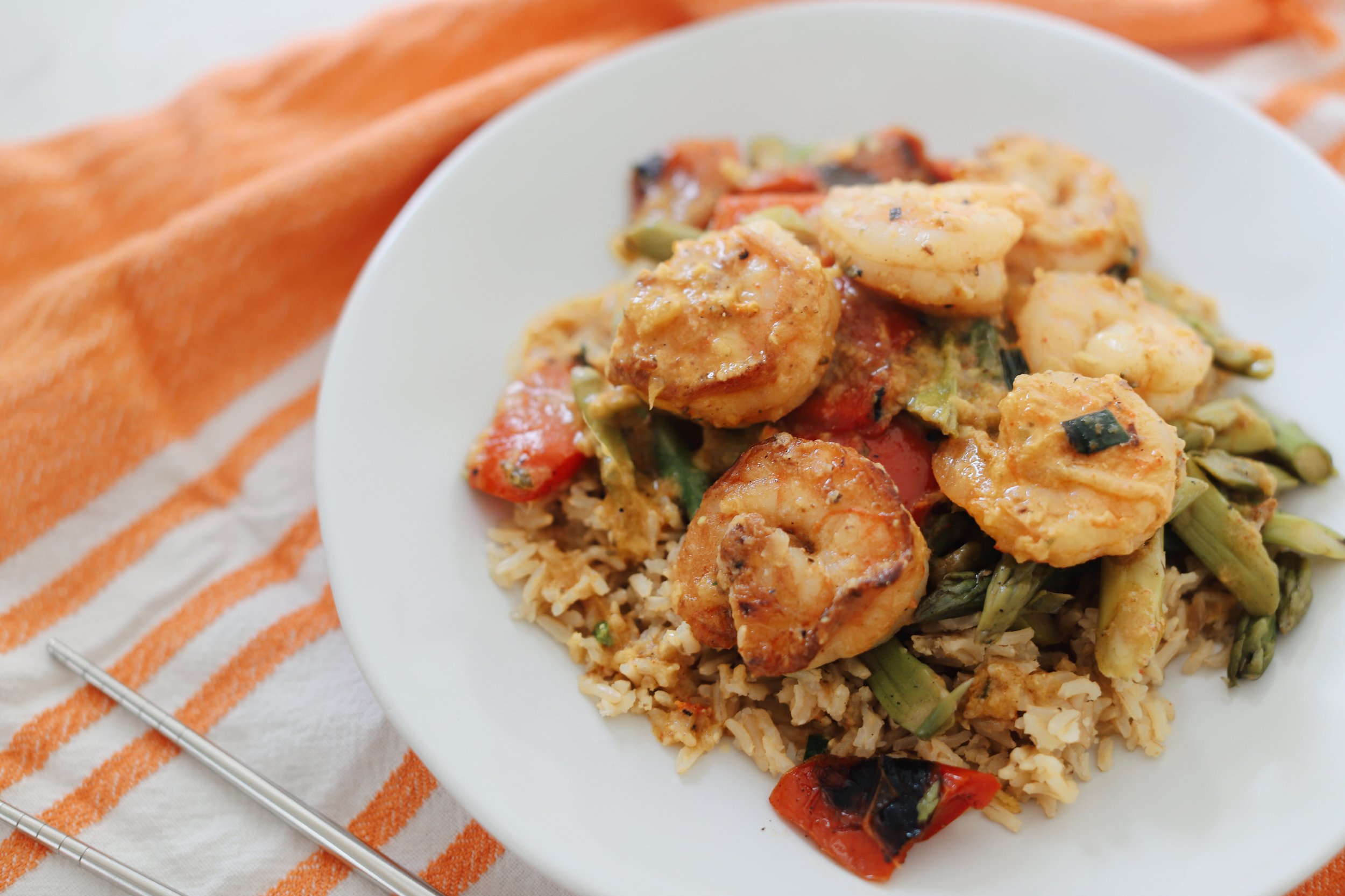 RealEats Red Curry Shrimp with Brown Rice and Grilled Asparagus