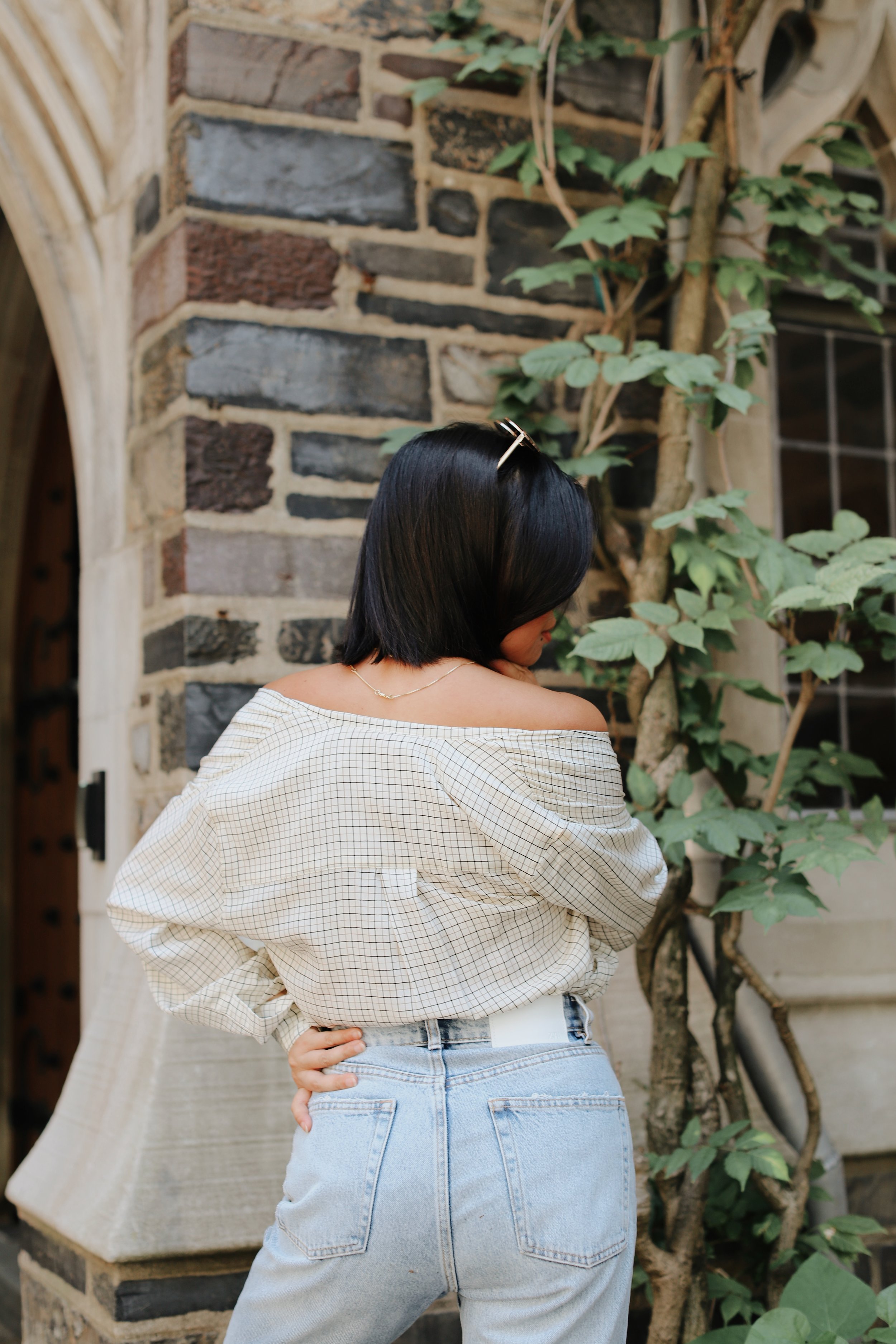 Wearing Zara high-waist jeans, DSW TOMS Poppy Sandal, old silk button up blouse