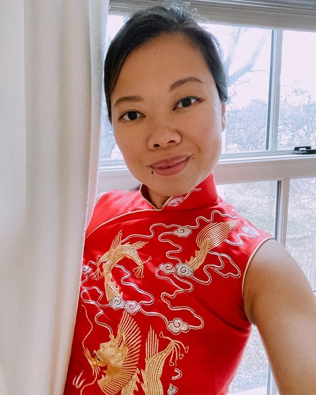 Playing dress up ✨🧧 Tried squeezing (operative word, TRIED) into my Chinese wedding gown called a Qipao which is red mainly to drive evil spirits away, and embroidered with elaborate gold and silver design. My mom took me to a custom wedding tailor 