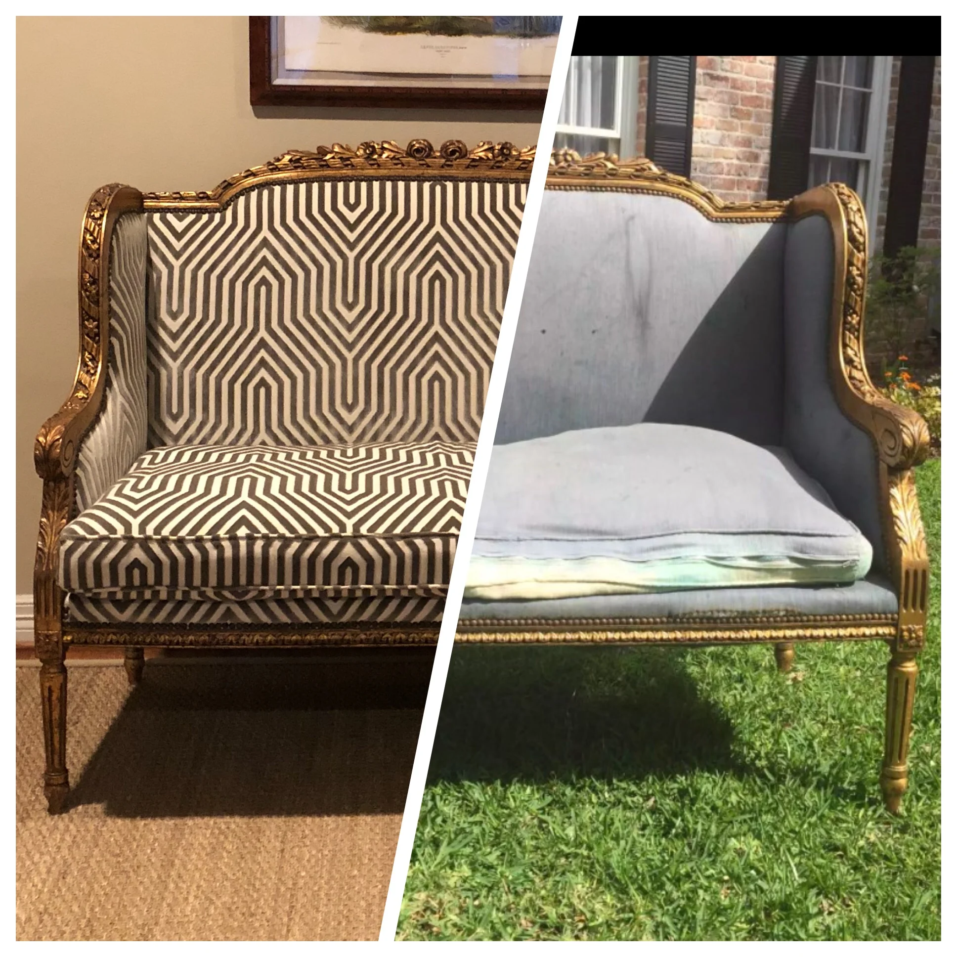  This settee had been used for years as a prop for a children’s photographer — so you can imagine the abuse it had taken! We trimmed down the legs to make it a more comfortable height, refilled the seat cushions and recovered it with a gorgeous new f