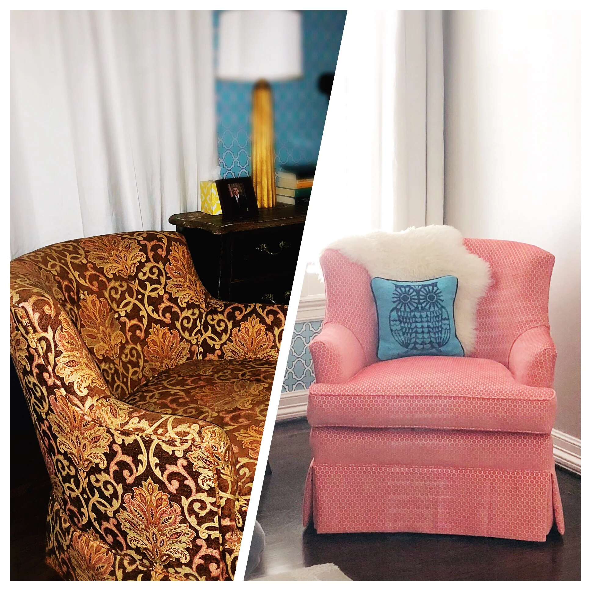  Before its makeover, this swivel chair looked dark and outdated. Now, in a soft honeycomb cut velvet, it’s making heads turn in the right direction! 