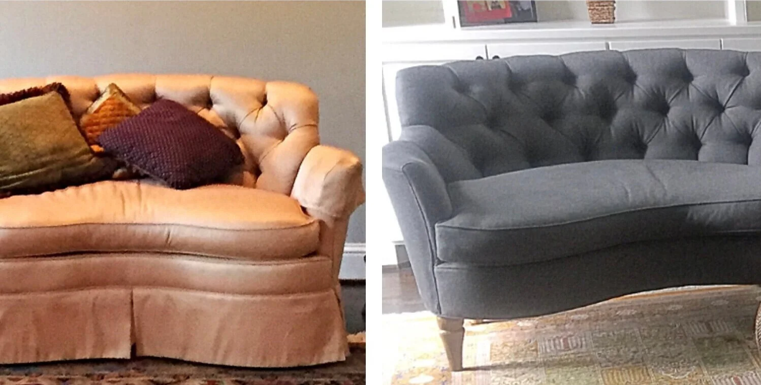  My client had a love-hate relationship with this love seat. The curved shape was fabulous, but it was just so uncomfortable. We removed the skirt and replaced the legs to make the seat height a more comfortable fit. We refilled the tired cushions an